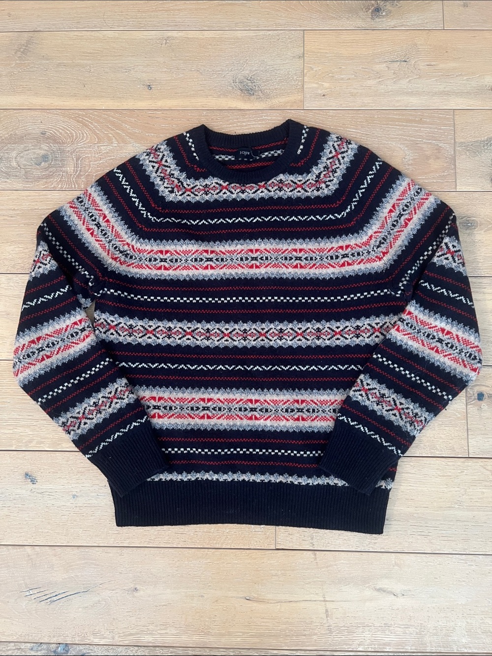 J. Crew Lambs Wool Navy Fair Isle Crewneck Sweater